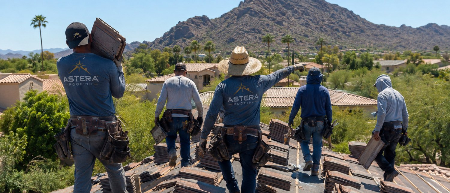 Five Astera Roofing crew carrying tile across a roof being stripped, mountain behind