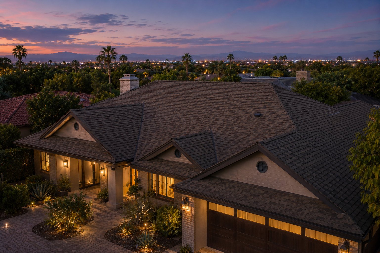 Aerial view of a shingle roof at dusk above a lit valley