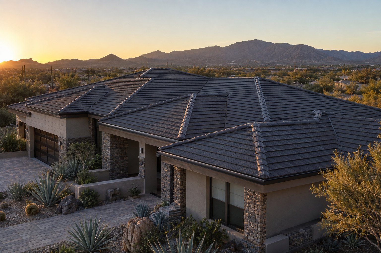 Aerial view of a dark concrete tile roof at sunset with mountains beyond