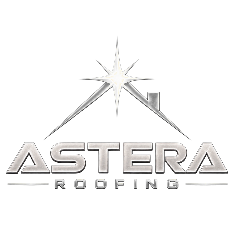 Astera Roofing mark: an eight-pointed star above a brushed-metal roofline, over the ASTERA ROOFING wordmark