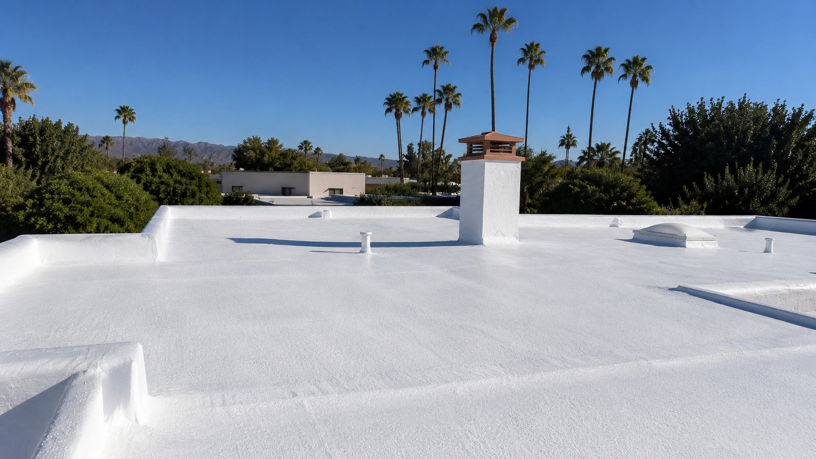 Wide view of a completed white foam roof with chimney and palms beyond