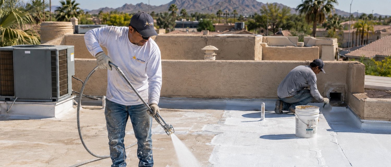 Astera Roofing crew spraying elastomeric coating across a flat roof while another details a curb