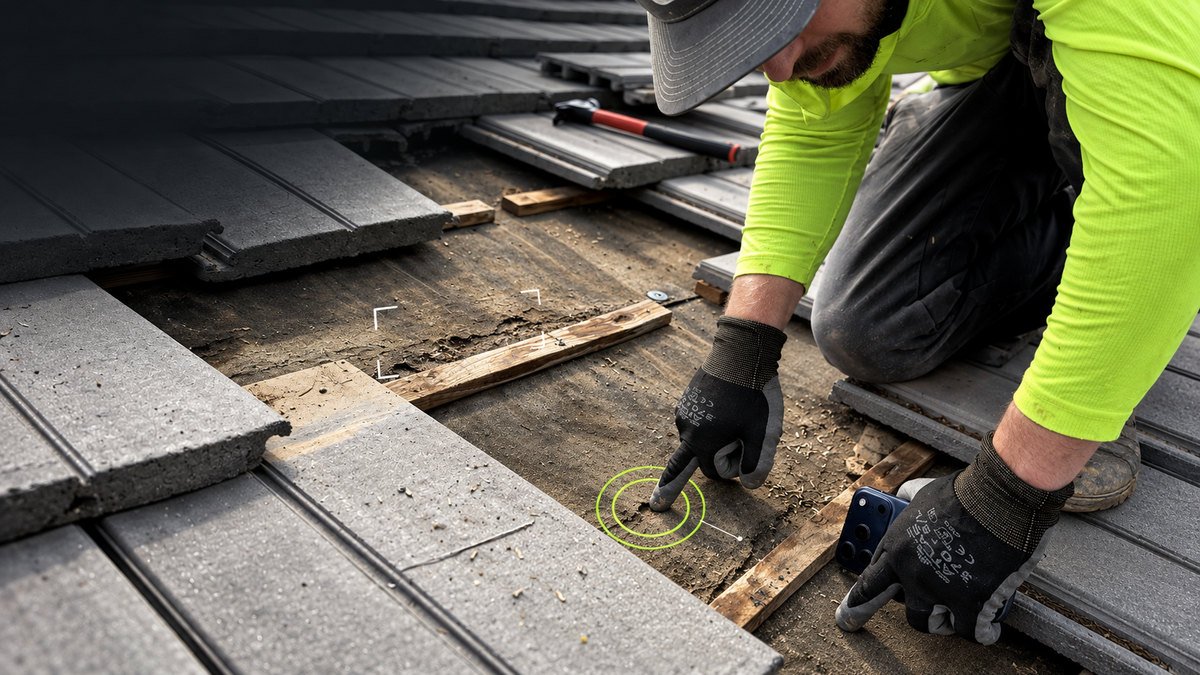 Roof tiles lifted to expose the battens and underlayment, with inspection callouts marking a fastener and a section of the deck