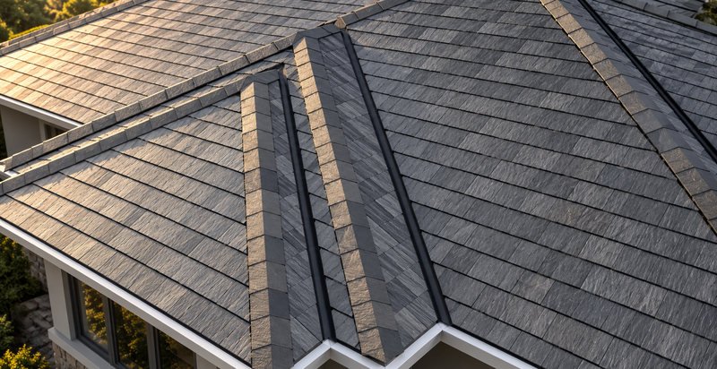 Composite slate shingles in blended grey and tan running over a hip and down to the eave