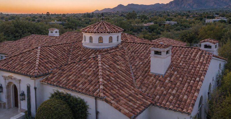 Concrete barrel tile roof in the sun