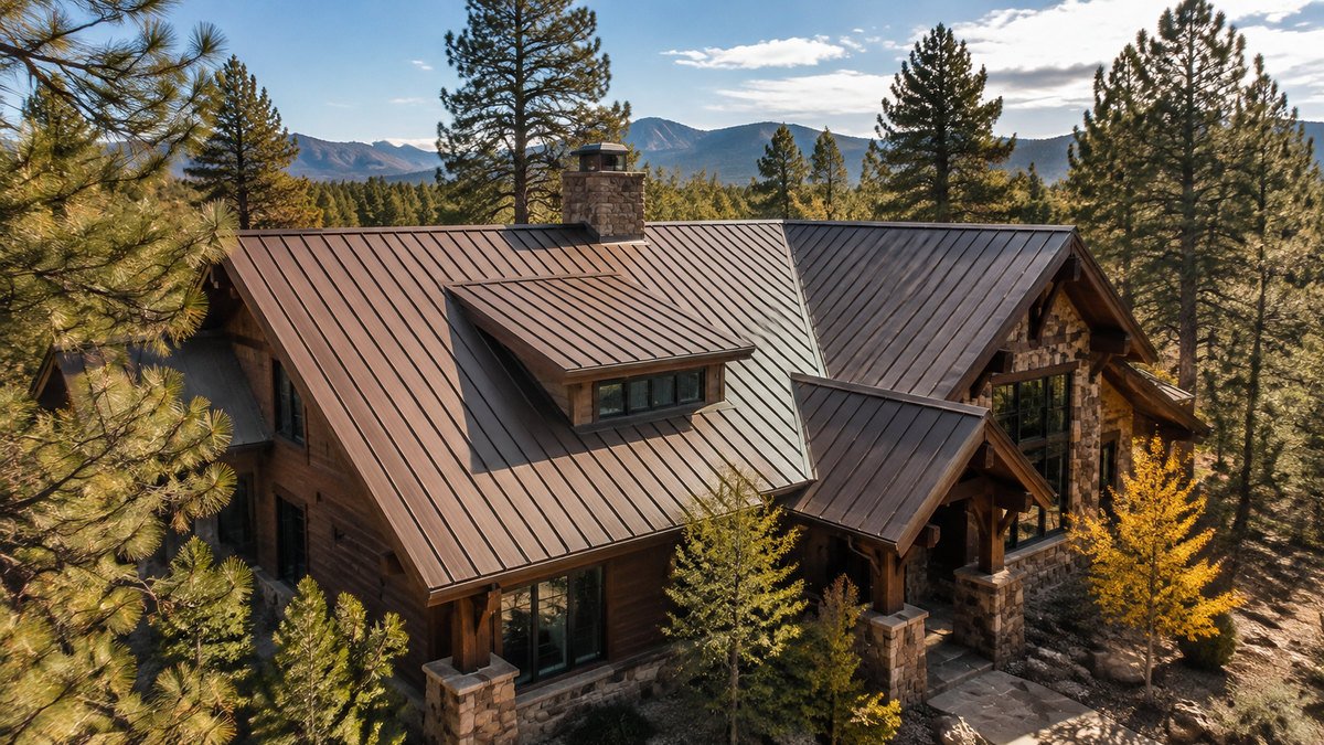 Bronze standing seam roof on a timber home in the pines