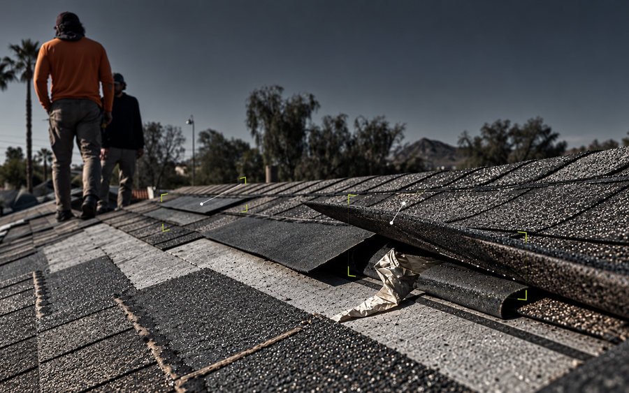 Storm-lifted asphalt shingle tabs with the underlayment torn open beneath, inspection callouts marking the damage and two crew on the ridge beyond