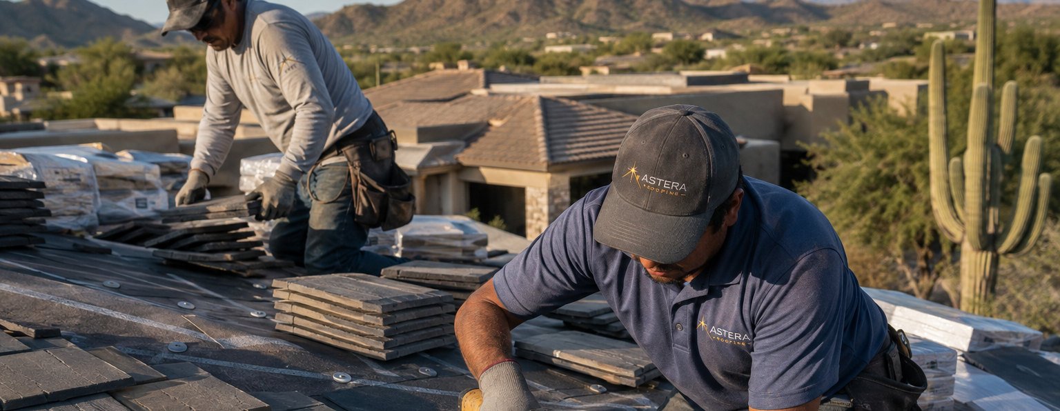 Two Astera Roofing crew nailing grey composite shake tiles on a roof, saguaro and mountains beyond