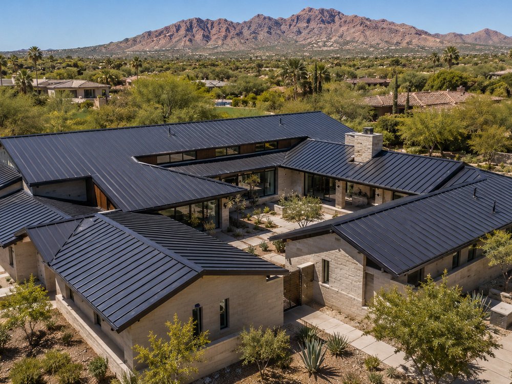 Standing seam metal roof on a desert home, panels running to the ridge